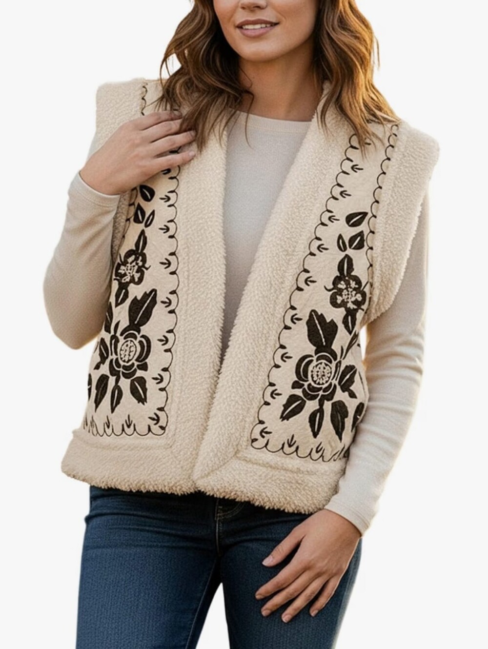Women's Cream Sherpa Vest with Floral Embroidery